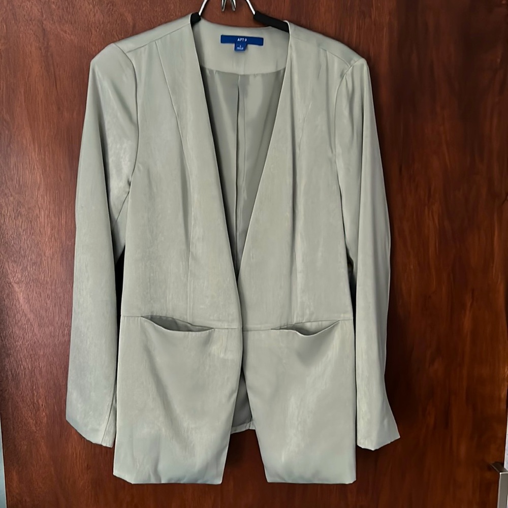Sage green faux silk blazer collarless 10/12 L